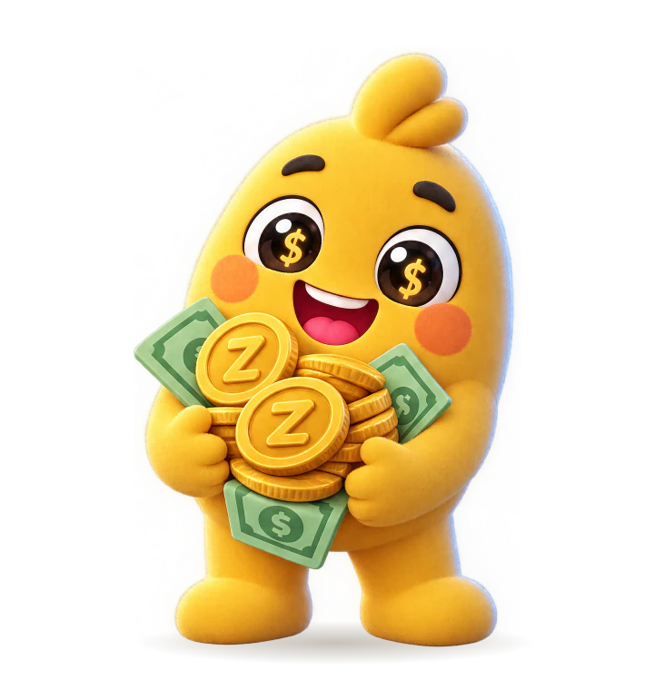 Zip hugging his pile of coins and cash