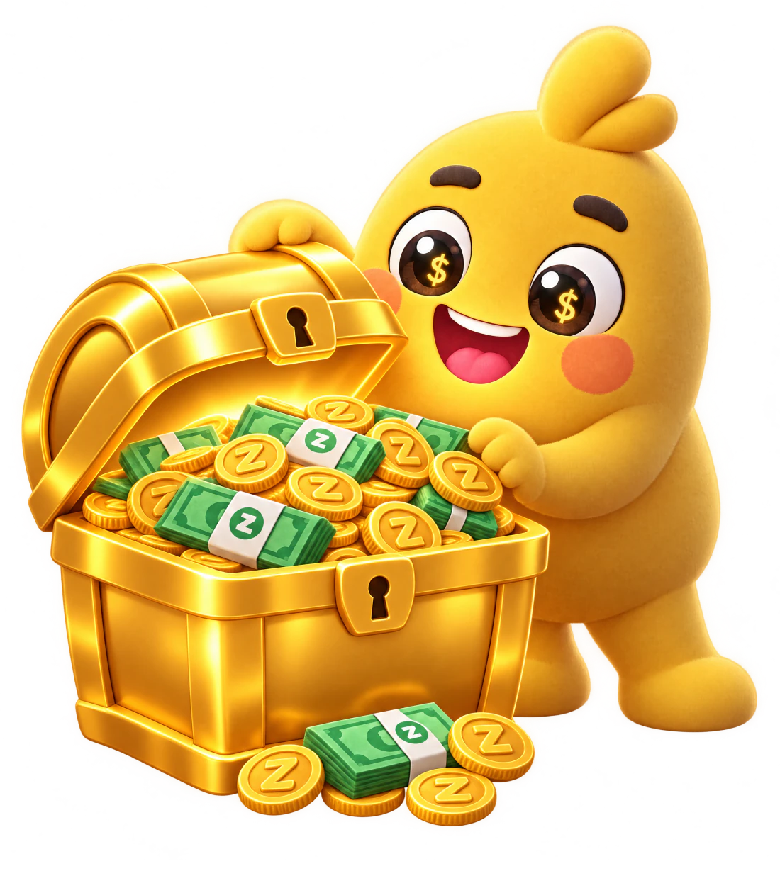 Zip opening a golden treasure chest full of coins and cash